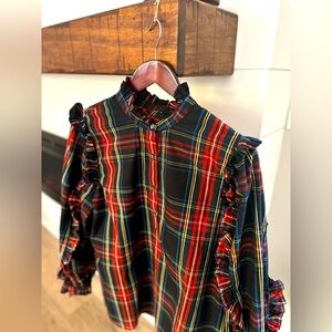 J.Crew women’s tartan plaid ruffle edge top in size extra large